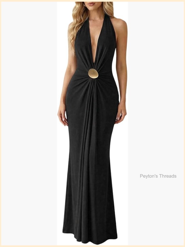 Deep V Neck Halter Maxi Dress Bodycon Backless Wedding Guest